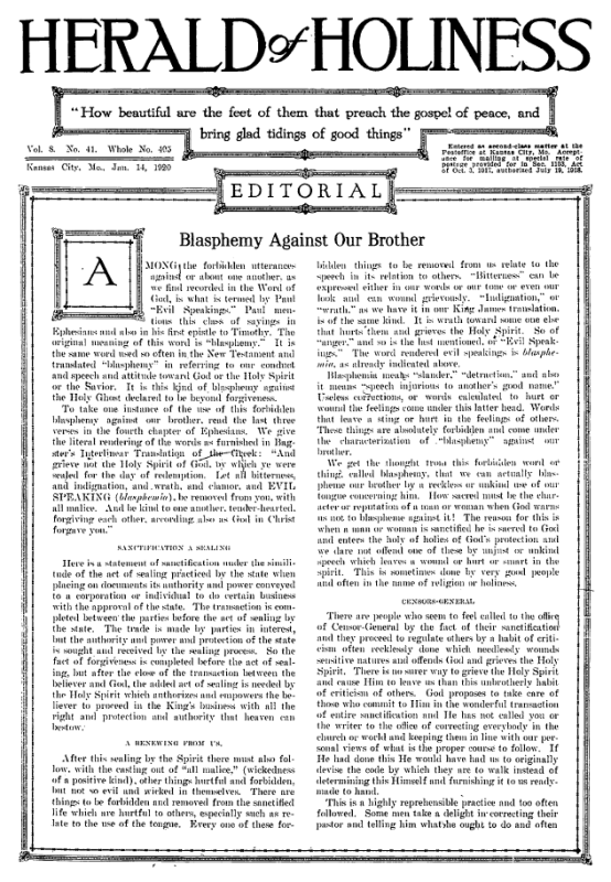 Title Page of Herald of Holiness - January 14, 1920